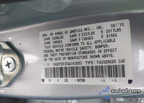 2010 Honda Accord 2.4 Lx from USA, damaged, VIN 1HGCP2F37AA163053